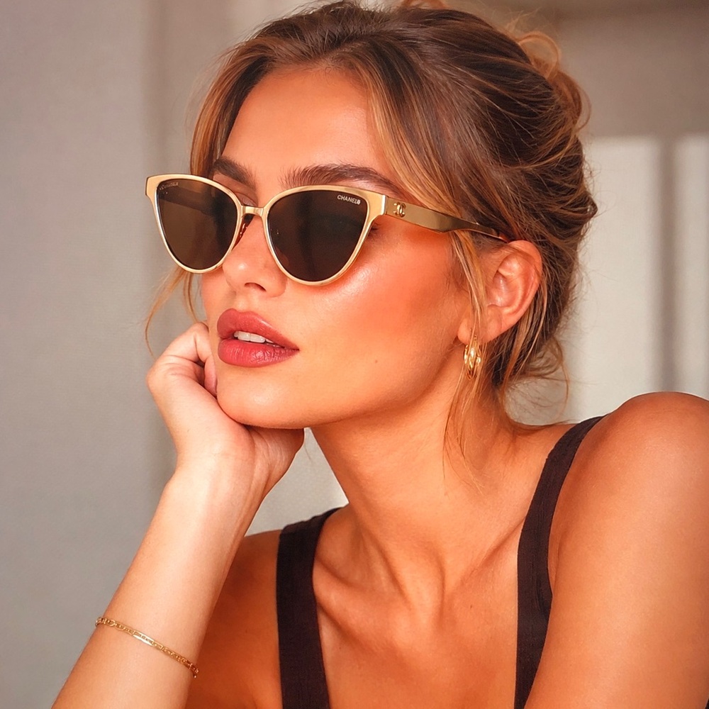 💕AUTH💕 CHANEL Gold Cat-Eye Sunglasses with Dark Lenses